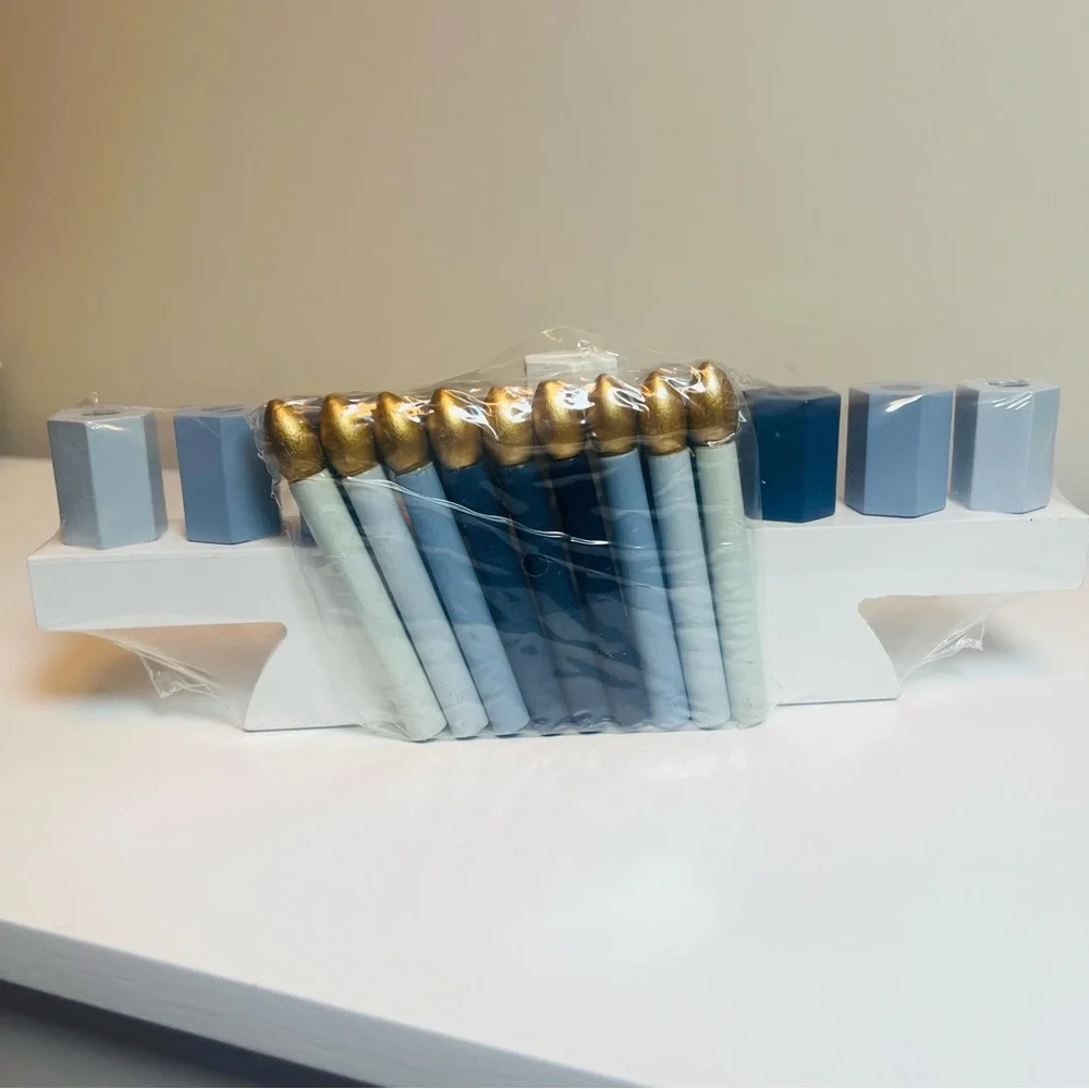 Target Blue and Gold Wooden Menorah with Candles